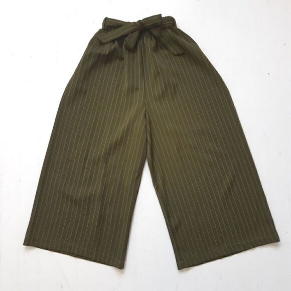 3/4 Length Olive Green Pinstripe Palazzo Pants - Picture 1 of 5
